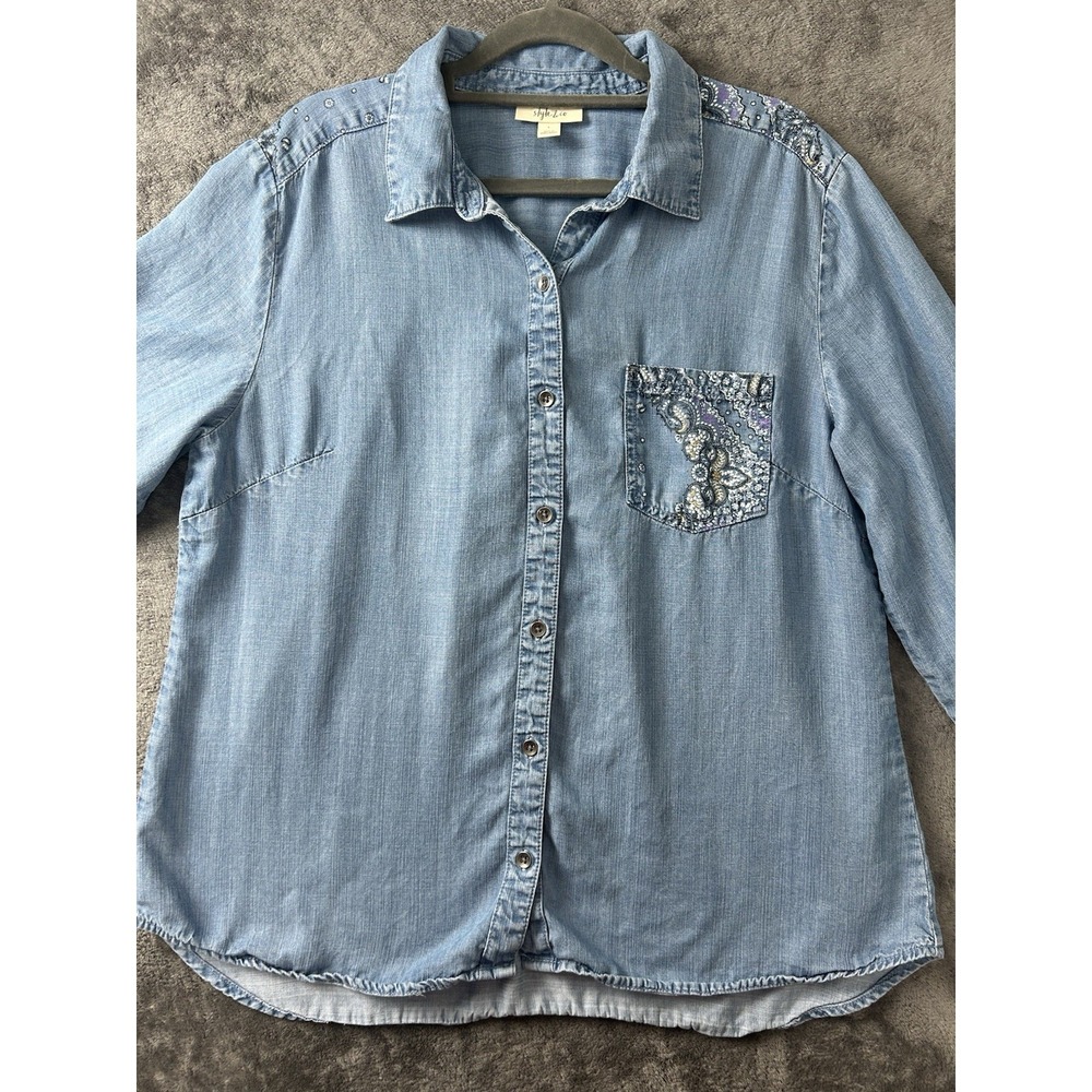 Style & Co Womens Blue Denim Button-Up Shirt Top Size L Roll-tab Sleeves - Picture 2 of 9